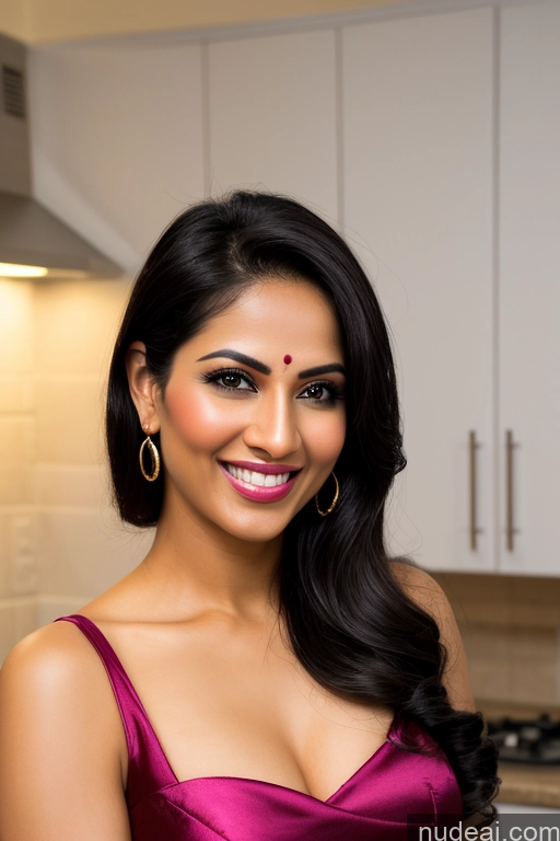 ai nude image of smiling woman in a pink dress in a kitchen with white cabinets pics of Model One Fairer Skin Happy Seductive Sexy Face Black Hair Straight Indian Sari Satin 30s Cooking Party