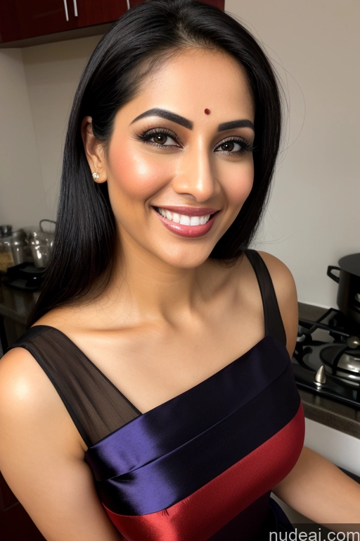 ai nude image of smiling woman in a red and black dress in a kitchen pics of Model One Fairer Skin Happy Seductive Sexy Face Black Hair Straight Indian Sari Satin 30s Cooking Party