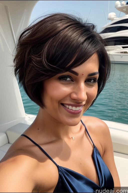 ai nude image of arafed woman in a blue dress on a boat smiling pics of Woman Pubic Hair Short Hair 30s Sexy Face Seductive Happy Black Hair Straight Indian Yacht Satin Sari Partially Nude Bathing