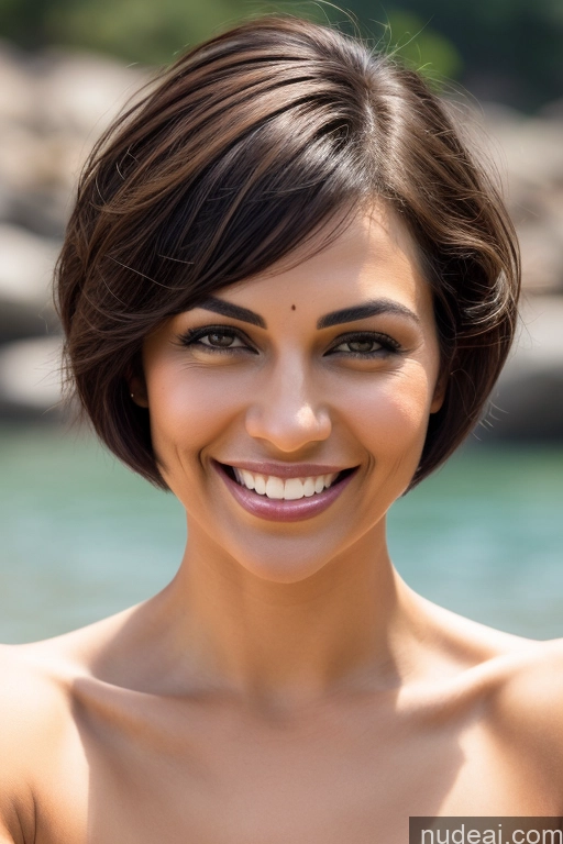 ai nude image of smiling woman with short brown hair and a big smile on her face pics of Woman Pubic Hair Short Hair 30s Sexy Face Seductive Happy Black Hair Straight Indian Satin Sari Partially Nude Lake