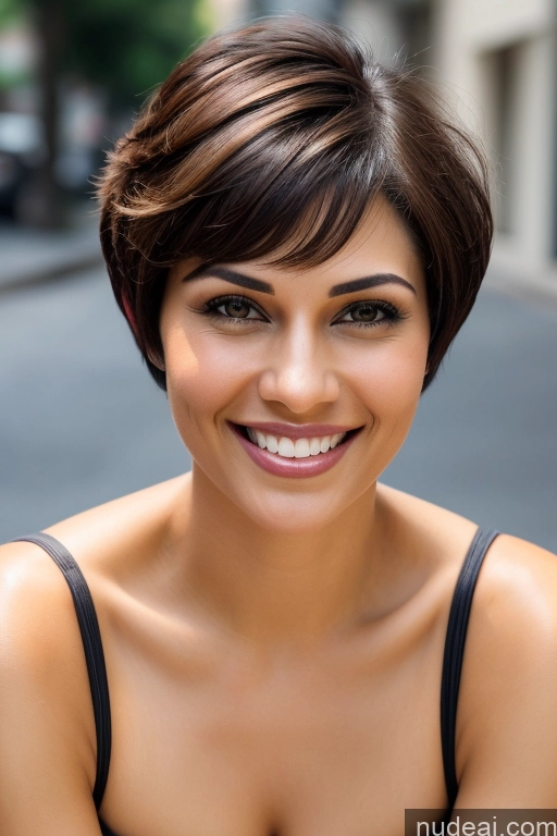 ai nude image of smiling woman with short brown hair and black top on street pics of Woman Pubic Hair Short Hair 30s Sexy Face Seductive Happy Black Hair Straight Indian Satin Sari Partially Nude Street