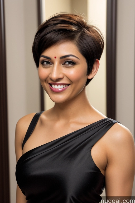 ai nude image of smiling woman in black dress with short hair and a smile pics of Woman Pubic Hair Short Hair 30s Sexy Face Seductive Happy Black Hair Straight Indian Satin Sari Partially Nude Street