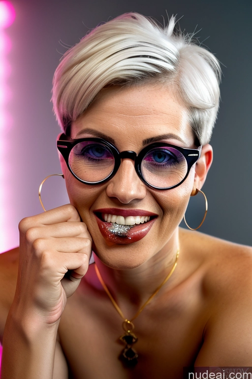 ai nude image of blond woman with glasses and a gold necklace smiling pics of Milf One Small Tits Skinny Glasses Short Hair Fairer Skin Womb Tattoos 逼真私密纹身 80s Sexy Face Happy White Hair Messy British 3d Club Front View Licking My Dick Piercing Tongue Nude High Heels Beer Wine Gold Jewelry Detailed