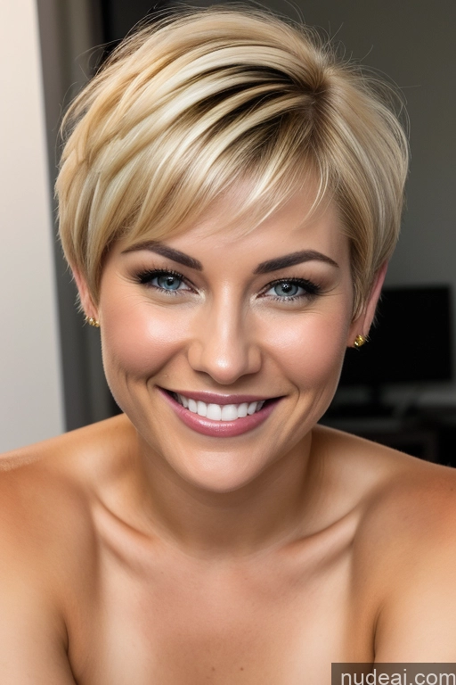 ai nude image of arafed woman with a short blond haircut smiling at the camera pics of Short Hair Woman Blonde Mongolian Thick Beautiful 30s Happy Busty Straddling Topless