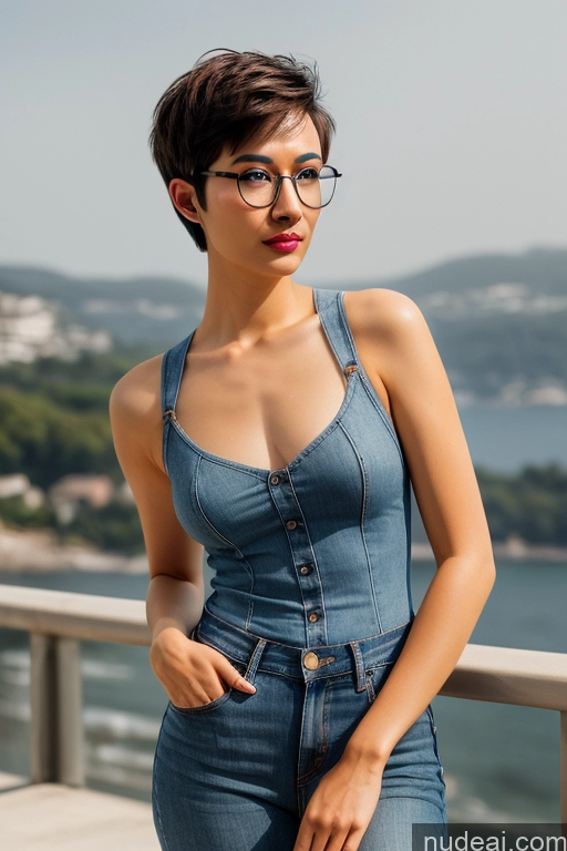 ai nude image of arafed woman in a denim dress and glasses posing for a picture pics of Woman One Small Tits Glasses Skinny Short Hair 20s Seductive Front View Jeans Topless Asian