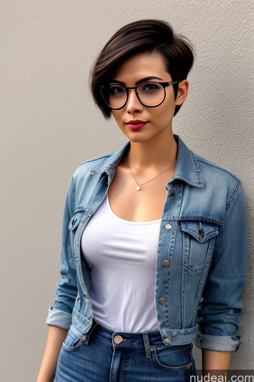 ai nude image of arafed woman wearing glasses and a white shirt and denim jacket pics of Small Tits Glasses Skinny Short Hair 20s Seductive Front View Jeans Topless Asian