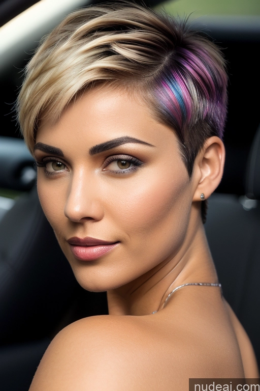 ai nude image of arafed woman with a pink and blue hair sitting in a car pics of Athlete Egyptian Close-up View Rainbow Haired Girl One Car Short Hair Busty