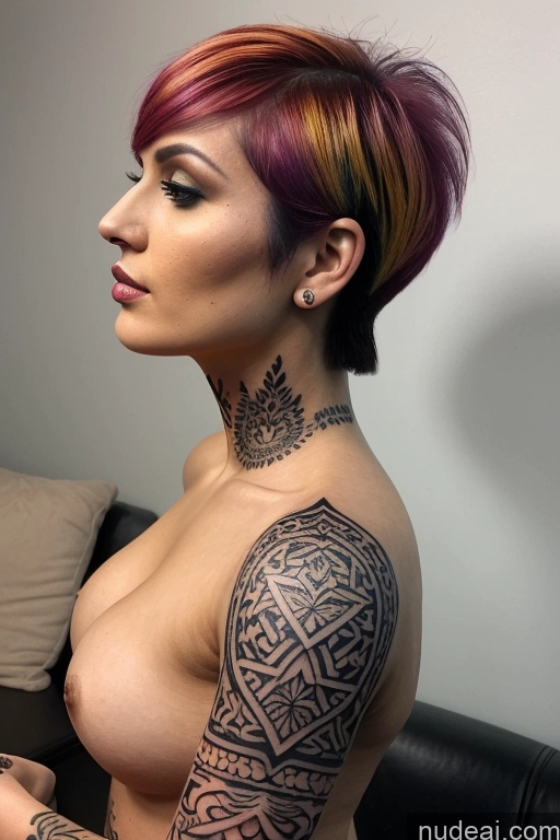 ai nude image of arafed woman with tattoos on her chest and chest pics of Close-up View Rainbow Haired Girl Short Hair Busty Perfect Boobs Slicked Nude Latex Sorority Irish Couch Mirror Selfie Tattoos