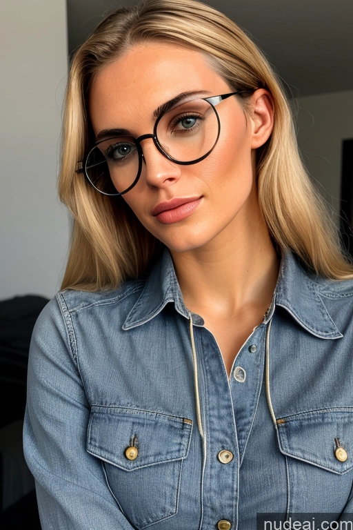 ai nude image of blond woman wearing glasses and denim shirt posing for a picture pics of 18 Sexy Face Model Beautiful Bedroom Bending Over Front View Nude Messy Blonde Swedish Glasses Fairer Skin Perfect Boobs Small Tits