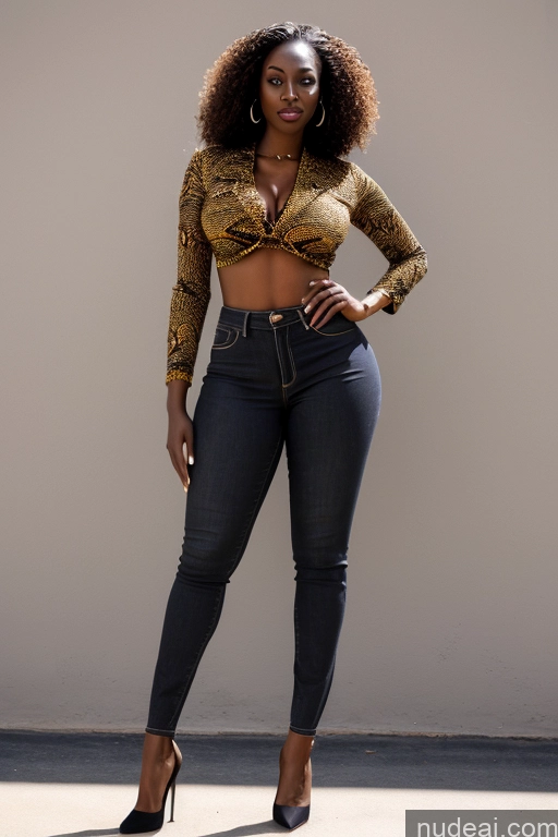 ai nude image of araffe woman in a gold top and black jeans posing for a picture pics of Woman One Busty Big Ass Pubic Hair Big Hips Long Legs 40s Seductive Black Hair Braided African Detailed Thick 90s