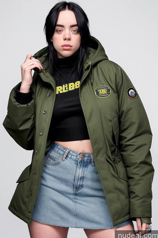 ai nude image of arafed woman in a green jacket and denim skirt posing for a picture pics of Model Billie Eilish 18 Busty Perfect Boobs Thick Big Ass Parka Micro Skirt