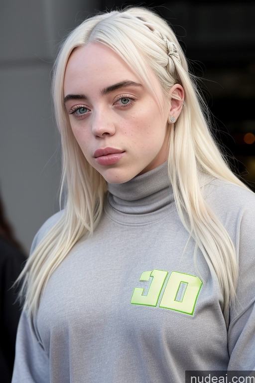 ai nude image of blond woman with a grey turtle neck sweater with neon green letters pics of Billie Eilish Busty Beautiful Big Ass Thick 18 Nude Model