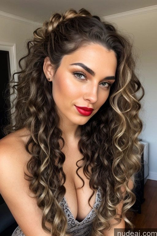 ai nude image of a close up of a woman with long curly hair and red lipstick pics of Woman Perfect Boobs Beautiful Big Ass Big Hips Long Hair Curly Hair 20s Black Hair French Mirror Selfie Bedroom Front View Nude Dark Lighting Detailed One Partially Nude Seductive Hair Bun Lipstick