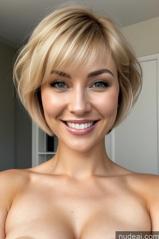 ai nude image of blond woman with big tits posing for a selfie in a kitchen pics of Korean Busty Woman Blonde Short Hair Bangs T-pose Topless Partially Nude One Happy 30s Thick