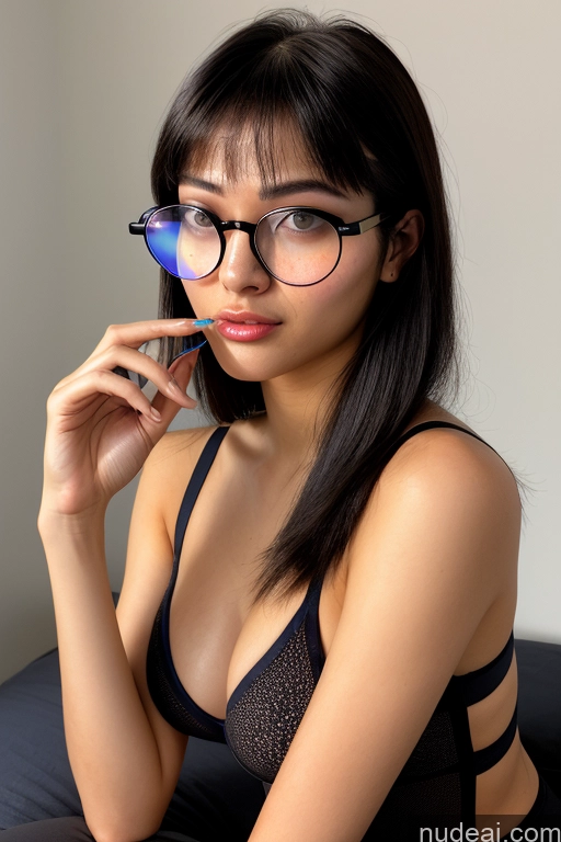 ai nude image of there is a woman wearing glasses and a bra top posing for a picture pics of Model 18 Black Hair Bedroom Nude Orgasm Bangs Eating Front View Japanese Small Tits Glasses