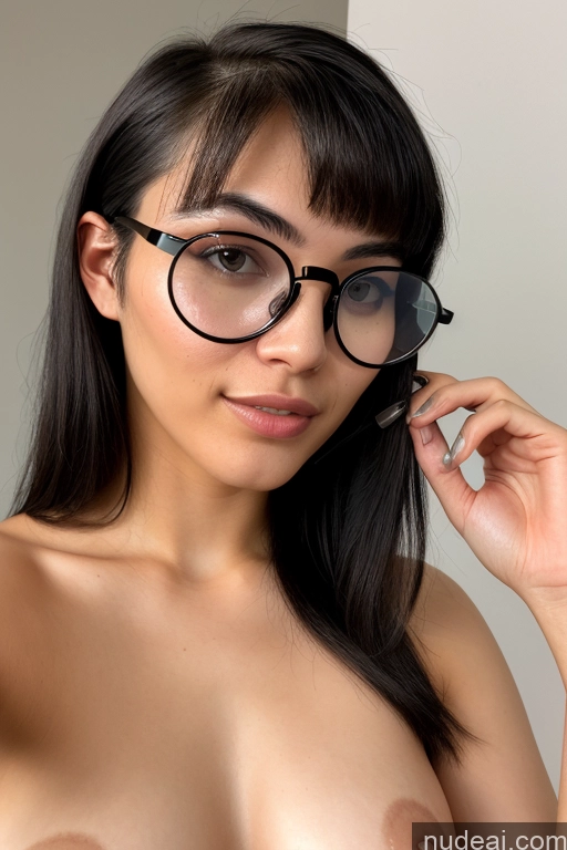 ai nude image of arafed asian woman with glasses and a big breast posing for a picture pics of Model 18 Black Hair Bedroom Nude Orgasm Bangs Eating Front View Japanese Small Tits Glasses Partially Nude