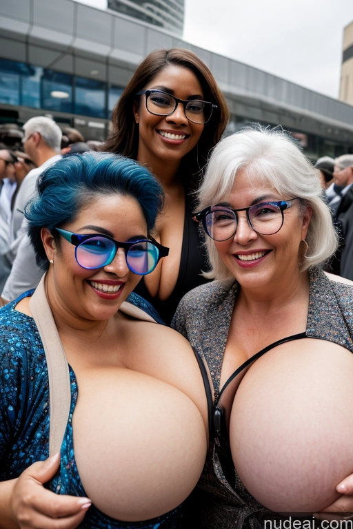 ai nude image of three women with big breasts posing for a picture in a crowd pics of Several Glasses Big Ass Thick Happy Asian Soft + Warm Front View Nude Kimono Dark Lighting Huge Boobs White Hair 70s