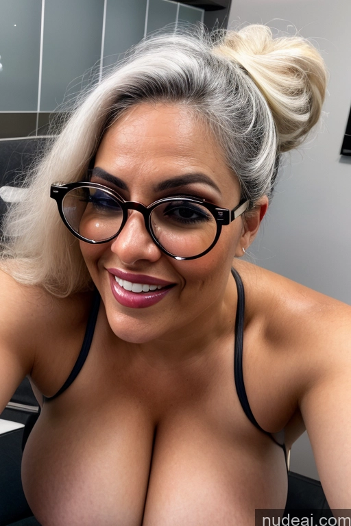 ai nude image of there is a woman with glasses posing for a picture in a bathroom pics of Several Glasses Big Ass Thick Happy Asian Front View Nude Dark Lighting Huge Boobs White Hair Cumshot Thong 80s