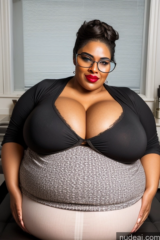 ai nude image of araffe woman with glasses and a big breast sitting on a chair pics of Woman Huge Boobs Glasses Lipstick Chubby Big Hips Pubic Hair Pregnant Fairer Skin 50s Orgasm Sexy Face Black Hair Messy Kitchen Front View Nude Transparent