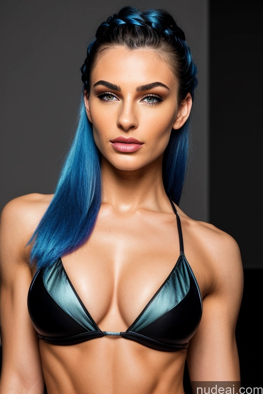 ai nude image of arafed woman with blue hair and a black bikini posing for a picture pics of Model Abs Perfect Boobs Fairer Skin 18 Pouting Lips Blue Hair Braided White Cyberpunk Front View Gaming Microkini Sci-fi Armor Topless Gold Jewelry Dark Lighting Detailed