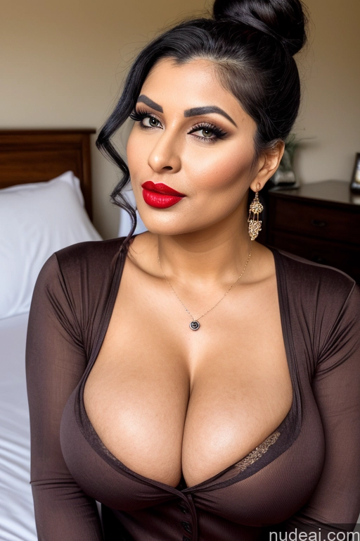 ai nude image of araffed woman with big breastes posing in a bed pics of Milf Busty Perfect Boobs Big Ass Big Hips 20s Seductive Sexy Face Hair Bun Jewelry Lipstick Stylish Indian Black Hair Onesie