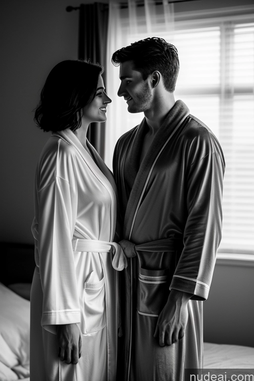 ai nude image of they are standing in a bedroom together in robes pics of Skinny 18 Seductive Black Hair Messy British Fairer Skin Woman + Man Bedroom Front View Bathrobe Transparent Dark Lighting