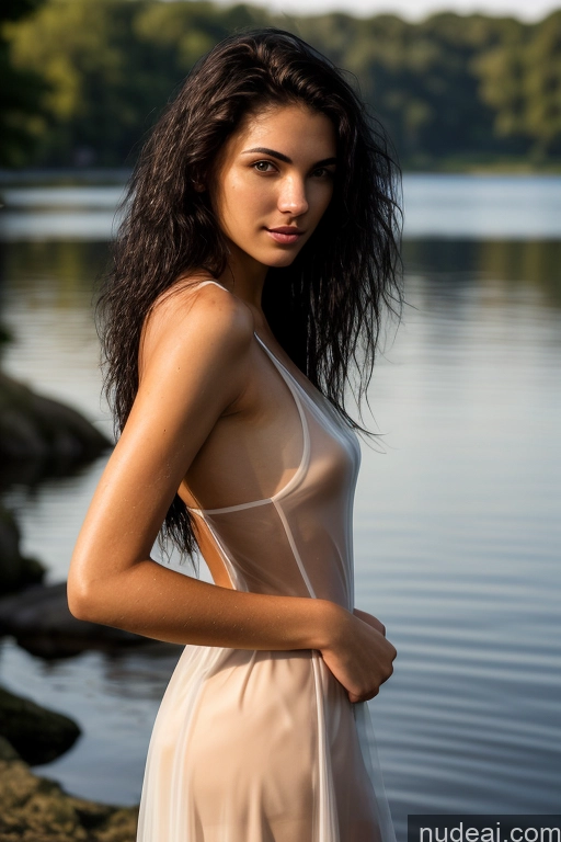 ai nude image of arafed woman in a sheer dress standing near a body of water pics of Skinny 18 Seductive Black Hair Messy British Fairer Skin Front View Transparent Dark Lighting Woman Lake Sundress