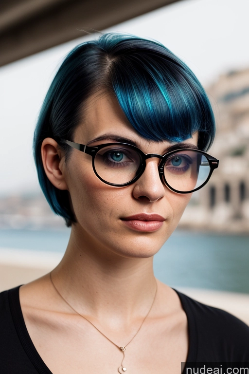 ai nude image of there is a woman with blue hair and glasses standing by the water pics of Nude Blue Hair Bobcut Small Tits Big Ass 20s Alternative Woman Glasses Serious Seductive