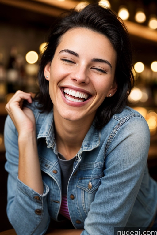 ai nude image of smiling woman sitting at a bar with a glass of wine pics of Skinny 18 Black Hair Messy British Fairer Skin Woman Dark Lighting Front View Happy Laughing Bar One Jacket Jeans