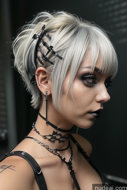 ai nude image of blond woman with black and white hair and piercings in a black dress pics of Bimbo Close-up View Nude Perfect Boobs Short Hair Gothic Punk Girl Green Hair