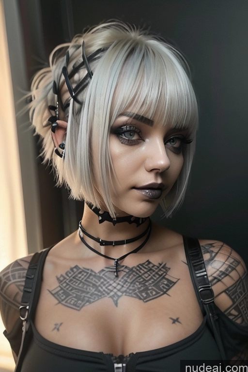 ai nude image of arafed woman with a tattoo on her chest and a black top pics of Bimbo Close-up View Nude Perfect Boobs Short Hair Gothic Punk Girl Green Hair