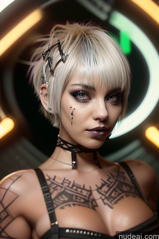 ai nude image of blond woman with tattoos and piercings posing for a picture pics of Bimbo Close-up View Nude Perfect Boobs Short Hair Gothic Punk Girl Green Hair Bra Pull Down