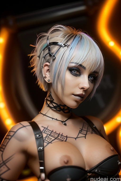 ai nude image of arafed woman with a tattoo on her chest and a choker pics of Bimbo Close-up View Nude Perfect Boobs Short Hair Gothic Punk Girl Bra Pull Down Rainbow Haired Girl