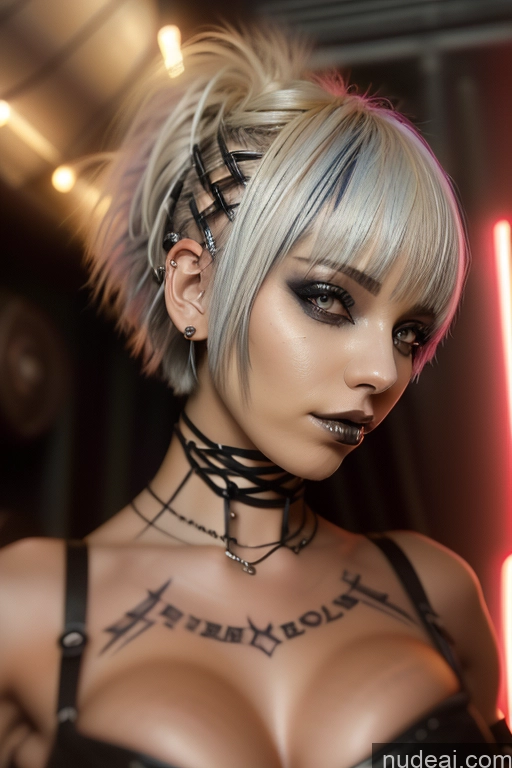 ai nude image of blond haired woman with tattoos on her chest and chest pics of Bimbo Close-up View Nude Perfect Boobs Short Hair Gothic Punk Girl Bra Pull Down Rainbow Haired Girl