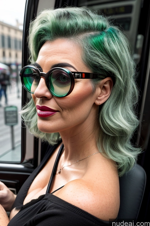 ai nude image of woman with green hair and sunglasses looking out of a bus window pics of Milf Several Perfect Boobs Glasses 80s Seductive Green Hair Bus Side View Nude