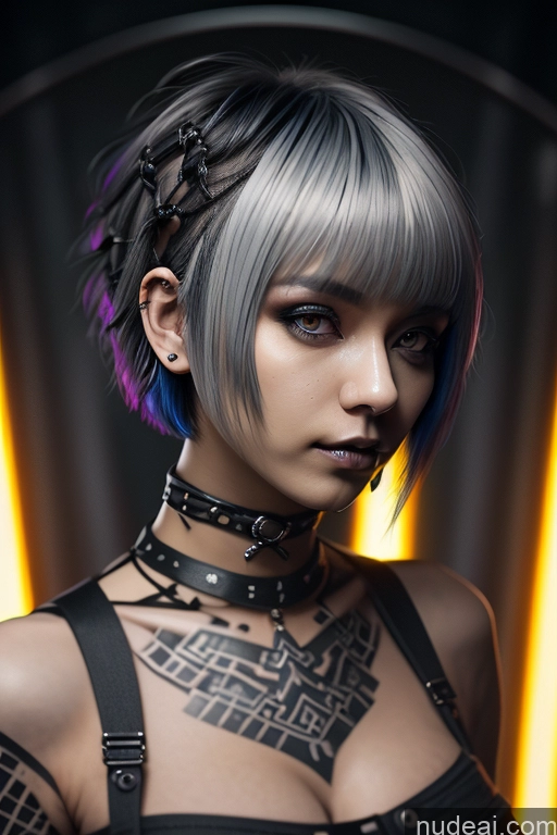 ai nude image of arafed woman with a tattoo on her chest and a choke pics of Nude Close-up View Rainbow Haired Girl Braided Perfect Boobs Short Hair Gothic Punk Girl Raiden Mei Milf