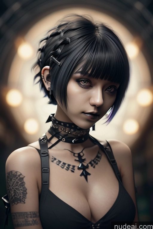 ai nude image of arafed woman with tattoos and piercings posing for a picture pics of Nude Close-up View Rainbow Haired Girl Braided Perfect Boobs Short Hair Gothic Punk Girl Raiden Mei Milf