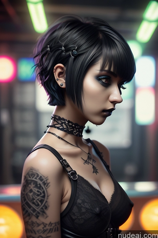 ai nude image of arafed woman with a tattoo on her arm and a choke pics of Nude Close-up View Rainbow Haired Girl Braided Perfect Boobs Short Hair Gothic Punk Girl Milf Illustration