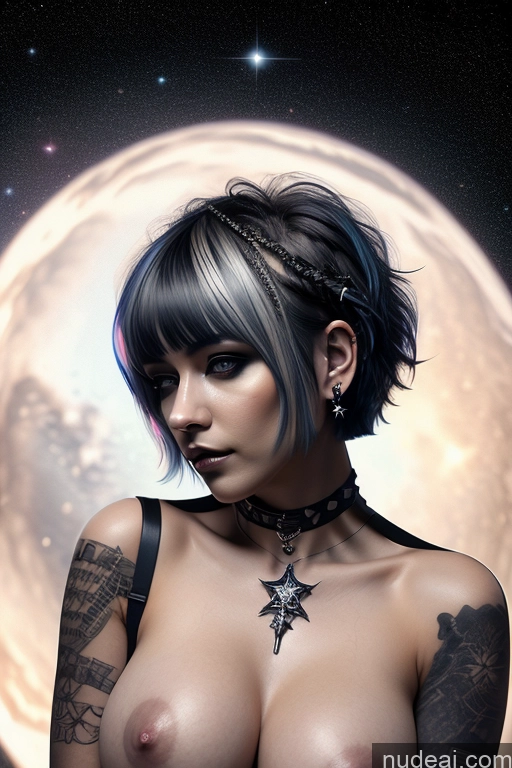 ai nude image of arafed woman with tattoos and a choke posing in front of a full moon pics of Nude Close-up View Rainbow Haired Girl Braided Perfect Boobs Short Hair Gothic Punk Girl Milf Stargazing