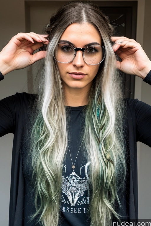 ai nude image of blond woman with long hair and glasses wearing a black shirt pics of Woman One Small Tits Skinny Big Hips Tall Long Hair 18 Hair Bun White Front View Goth Serious Green Hair Glasses Party Halloween Panties