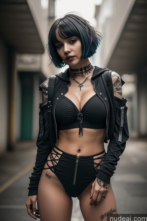 ai nude image of arafed woman with tattoos and a black jacket posing for a picture pics of Nude Close-up View Rainbow Haired Girl Braided Perfect Boobs Short Hair Gothic Punk Girl Milf Cropped Hoodie Underboob Spread_legs, Pussy, Split_legs