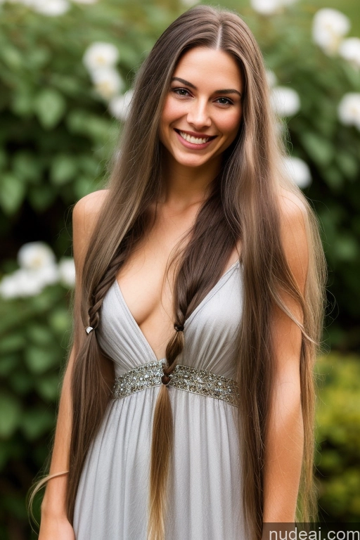 ai nude image of a close up of a woman with long hair wearing a dress pics of Small Tits Pubic Hair Long Hair One Woman 20s Happy Seductive Brunette Straight French Front View Nude Dress Partially Nude Cleavage Transparent