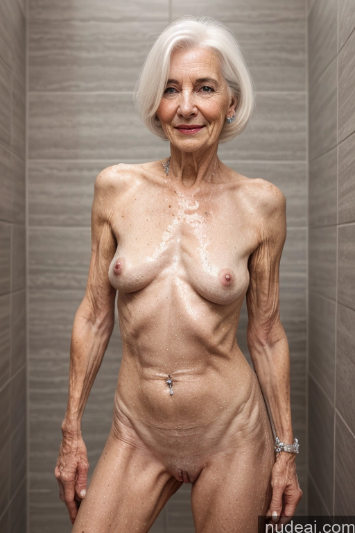 ai nude image of arafed older woman with white hair posing in a shower pics of Skinny White Hair One Skin Detail (beta) Diamond Jewelry Orgasm Woman Messy Shower Small Tits 80s