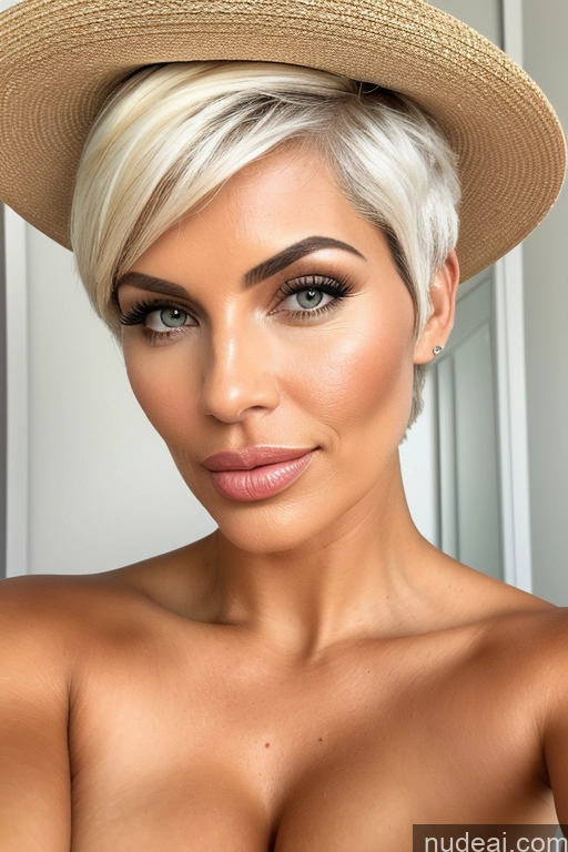 ai nude image of blond woman with a hat on her head and a big breast pics of Bimbo 50s Pouting Lips Big Ass Short Hair Thick Tanned Skin White Hair Bangs Latina 3d Changing Room Spreading Legs Professor Front View