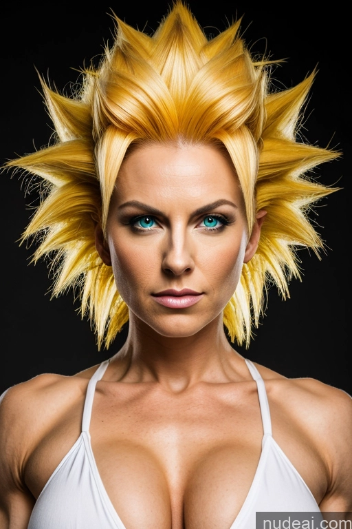 ai nude image of blond woman with yellow hair and blue eyes posing for a picture pics of Regal Cosplay Busty Muscular Front View Super Saiyan Science Fiction Style