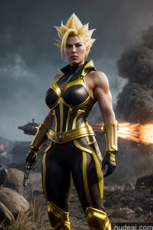 ai nude image of arafed woman in a black and gold outfit with a gun pics of Regal Cosplay Busty Muscular Front View Super Saiyan Science Fiction Style Neon Lights Clothes: Yellow Neon Lights Clothes: Red Neon Lights Clothes: Orange Battlefield