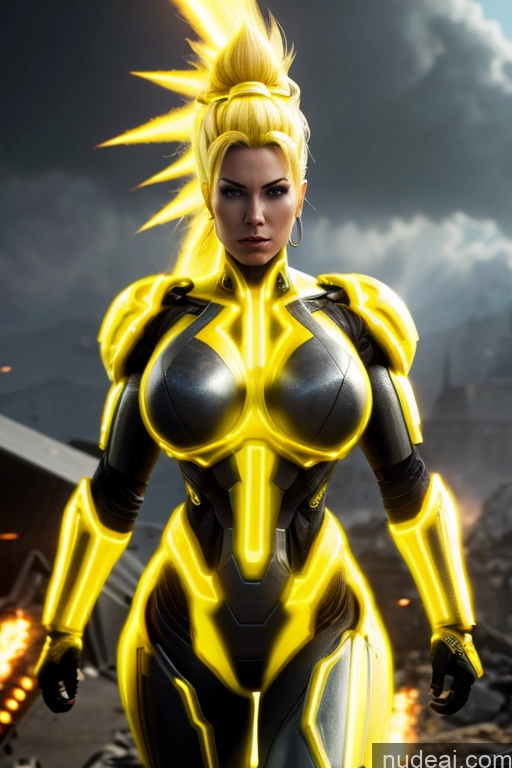 ai nude image of a close up of a woman in a yellow and black suit pics of Regal Cosplay Busty Muscular Front View Super Saiyan Science Fiction Style Neon Lights Clothes: Yellow Neon Lights Clothes: Red Neon Lights Clothes: Orange Battlefield Cyborg