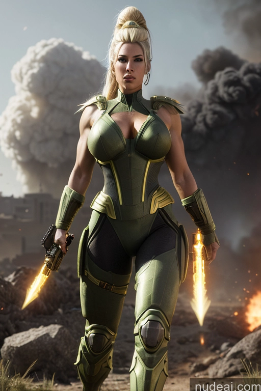 ai nude image of araffe woman in a green costume holding a gun and a fire pics of Regal Cosplay Busty Muscular Front View Super Saiyan Science Fiction Style Battlefield Neon Lights Clothes: Green