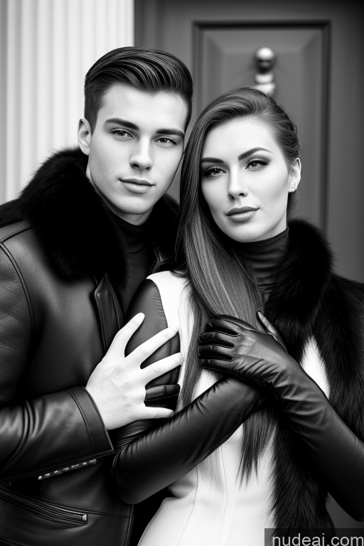 ai nude image of arafed couple in black and white posing for a picture pics of 18 Gloves Fur Boots Detailed Russian Pearl Jewelry Pet Play Woman + Man