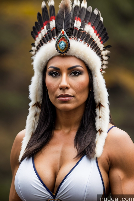 ai nude image of arafed woman in a native american headdress poses for a picture pics of Regal Cosplay Busty Muscular Front View Native American